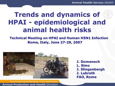 Trends and dynamics of HPAI - epidemiological and animal health risks Technical Meeting on HPAI and Human H5N1 Infection Rome, Italy, June 27-29, 2007.