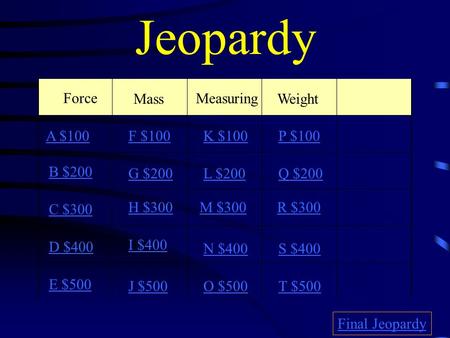 Jeopardy Force Mass Measuring Weight A $100 B $200 C $300 D $400 E $500 F $100P $100K $100 G $200L $200Q $200 H $300M $300R $300 I $400 N $400S $400 J.