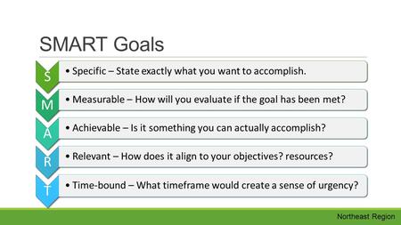 Northeast Region SMART Goals S Specific – State exactly what you want to accomplish. M Measurable – How will you evaluate if the goal has been met? A Achievable.