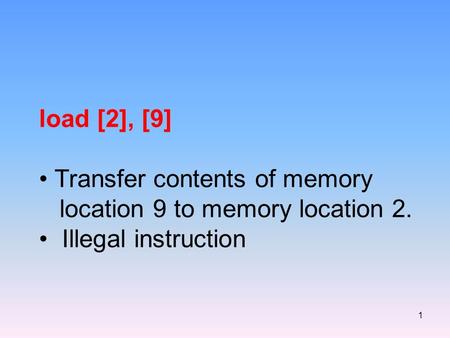 1 load [2], [9] Transfer contents of memory location 9 to memory location 2. Illegal instruction.