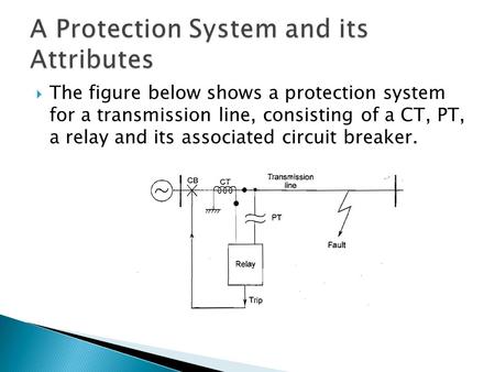  The figure below shows a protection system for a transmission line, consisting of a CT, PT, a relay and its associated circuit breaker.