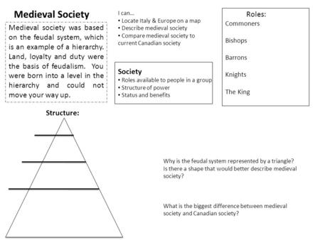 Medieval Society Society Roles available to people in a group Structure of power Status and benefits Structure: I can… Locate Italy & Europe on a map Describe.