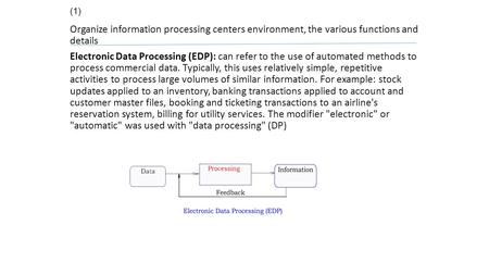 (1) Organize information processing centers environment, the various functions and details Electronic Data Processing (EDP): can refer to the use of automated.