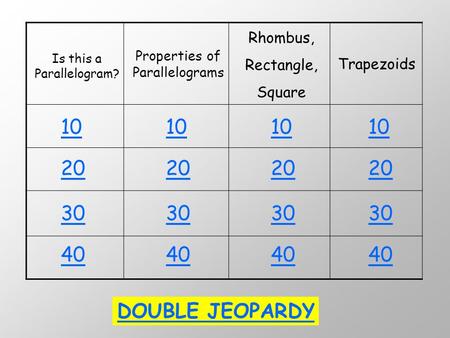 Rhombus, Rectangle, Square Properties of Parallelograms