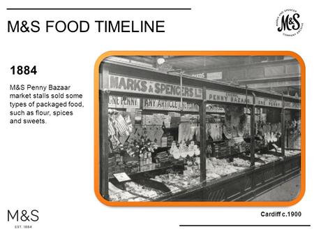 M&S FOOD TIMELINE 1884 M&S Penny Bazaar market stalls sold some types of packaged food, such as flour, spices and sweets. Cardiff c.1900.