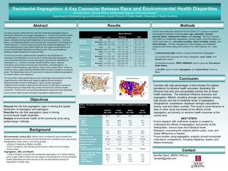 Residential Segregation: A Key Connector Between Race and Environmental Health Disparities Jennifer Davis, Sacoby Wilson, Muhammad Salaam, Rahnuma Hassan.