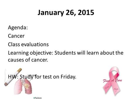 January 26, 2015 Agenda: Cancer Class evaluations Learning objective: Students will learn about the causes of cancer. HW: Study for test on Friday.