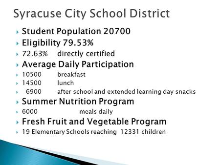  Student Population 20700  Eligibility 79.53%  72.63% directly certified  Average Daily Participation  10500 breakfast  14500 lunch  6900 after.