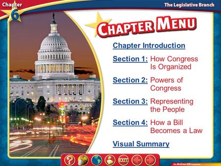 Chapter Menu Chapter Introduction Section 1:Section 1:How Congress Is Organized Section 2:Section 2:Powers of Congress Section 3:Section 3:Representing.