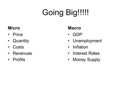 Going Big!!!!! Micro Price Quantity Costs Revenues Profits Macro GDP Unemployment Inflation Interest Rates Money Supply.