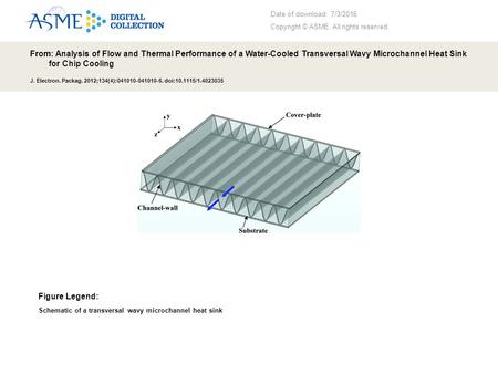 Date of download: 7/3/2016 Copyright © ASME. All rights reserved. From: Analysis of Flow and Thermal Performance of a Water-Cooled Transversal Wavy Microchannel.