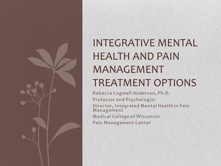 Rebecca Cogwell Anderson, Ph.D. Professor and Psychologist Director, Integrated Mental Health in Pain Management Medical College of Wisconsin Pain Management.