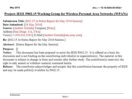 Submission May 2016 doc.: Slide 1 Project: IEEE P802.15 Working Group for Wireless Personal Area Networks (WPANs) Submission Title: [802.15.3e Status Report.