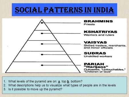 Social Patterns in India 1.What levels of the pyramid are on: a. top b. bottom? 2.What descriptions help us to visualize what types of people are in the.