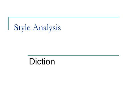 Style Analysis Diction. Definition: Diction All of the following terms are used interchangeably and all mean the author’s word choice Diction Language.