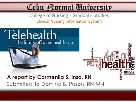 Cebu Normal University College of Nursing - Graduate Studies Clinical Nursing Information System A report by Carmenila S. Inso, RN Submitted to Domino.