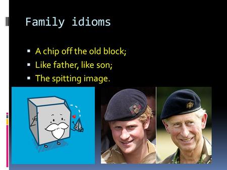 Family idioms A chip off the old block; Like father, like son;