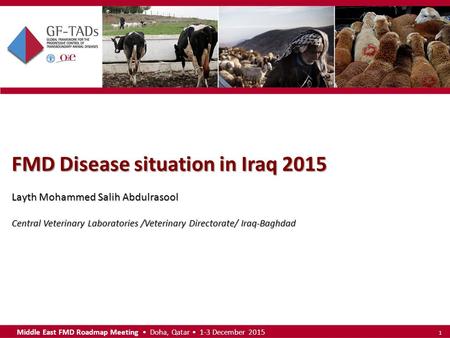 Middle East FMD Roadmap Meeting Doha, Qatar 1-3 December 2015 1 FMD Disease situation in Iraq 2015 Layth Mohammed Salih Abdulrasool Central Veterinary.