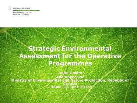 Strategic Environmental Assessment for the Operative Programmes Anita Gulam Ana Kovačević Ministry of Environmental and Nature Protection, Republic of.