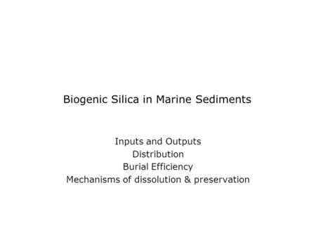 Biogenic Silica in Marine Sediments Inputs and Outputs Distribution Burial Efficiency Mechanisms of dissolution & preservation.