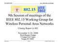 Doc.: IEEE 802.15-00/396r0 Submission November 2000 Robert F. Heile, VerizonSlide 1 802.15 9th Session of meetings of the IEEE 802.15 Working Group for.