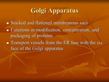 Golgi Apparatus Stacked and flattened membranous sacs Stacked and flattened membranous sacs Functions in modification, concentration, and packaging of.