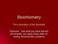 Stoichiometry The culmination of the Semester Objective: Use what you have learned all semester and apply these skills for solving Stoichiometry problems.