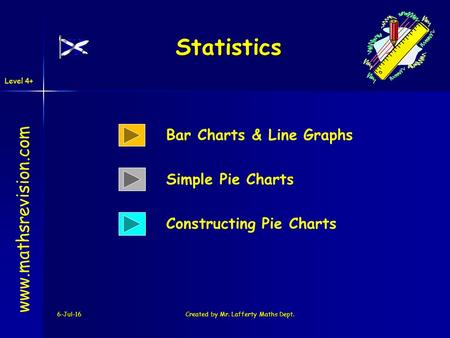 Level 4+ 6-Jul-16Created by Mr. Lafferty Maths Dept. Statistics www.mathsrevision.com Simple Pie Charts Bar Charts & Line Graphs Constructing Pie Charts.