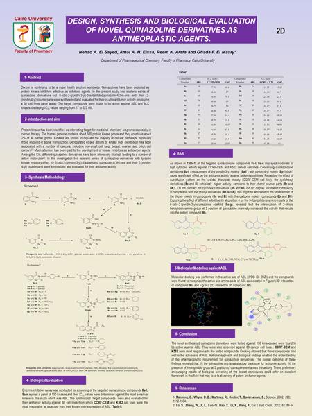 Nehad A. El Sayed, Amal A. H. Eissa, Reem K. Arafa and Ghada F. El Masry* Department of Pharmaceutical Chemistry, Faculty of Pharmacy, Cairo University.