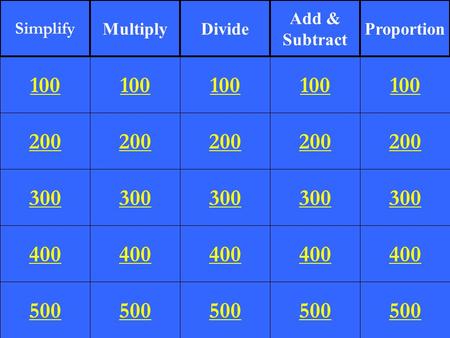 200 300 400 500 100 200 300 400 500 100 200 300 400 500 100 200 300 400 500 100 200 300 400 500 100 Simplify MultiplyDivide Add & Subtract Proportion.