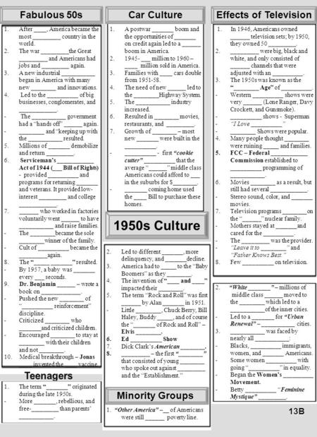 13B 1.After ____, America became the most _________ country in the world. 2.The war _________the Great _________ and Americans had jobs and _________ again.