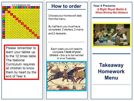 Choose your homework task from the menu. By half term you must have completed 2 starters, 2 mains and 2 desserts. Each week you will need to complete 1.