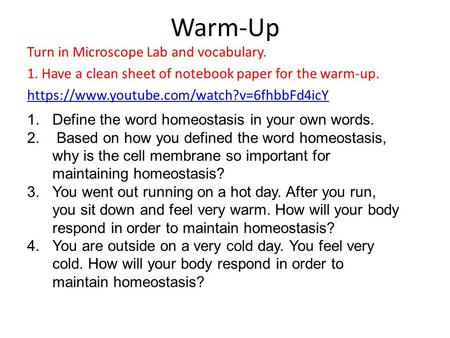 Warm-Up Turn in Microscope Lab and vocabulary. 1. Have a clean sheet of notebook paper for the warm-up. https://www.youtube.com/watch?v=6fhbbFd4icY 1.Define.