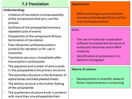 7.3 Translation Understanding: -Initiation of translation involves assembly of the components that carry out the process -Synthesis of the polypeptide.