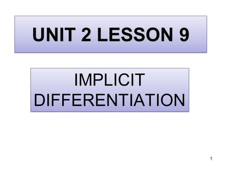 UNIT 2 LESSON 9 IMPLICIT DIFFERENTIATION 1. 2 So far, we have been differentiating expressions of the form y = f(x), where y is written explicitly in.