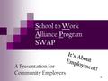 1 S chool to W ork A lliance P rogram SWAP A Presentation for Community Employers It’s About Employment!