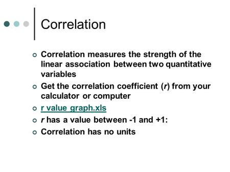 Correlation Correlation measures the strength of the linear association between two quantitative variables Get the correlation coefficient (r) from your.