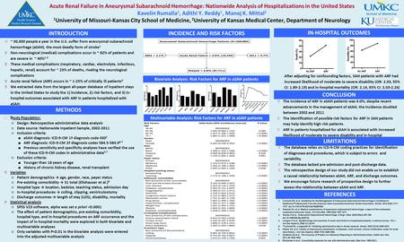 Acute Renal Failure in Aneurysmal Subarachnoid Hemorrhage: Nationwide Analysis of Hospitalizations in the United States Kavelin Rumalla 1, Adithi Y. Reddy.