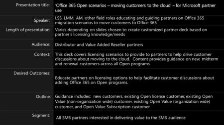 Office 365 Open scenarios Moving customers to the cloud For Microsoft partner use January 2014 Volume Licensing.