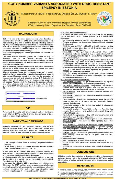 The study was supported by EuroEPINOMICS grant SARLA 11091E RESULTS BACKGROUND COPY NUMBER VARIANTS ASSOCIATED WITH DRUG-RESISTANT EPILEPSY IN ESTONIA.