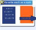 Re-write each as a sum 4 -5 = -1 4 + (- 5) = -1 -2 - (-3) = 1 -2 + 3 = 1 -14 - 5 = -19 -14 + (-5) = -19 12 - (-3) = 15 12 + 3 = 15.