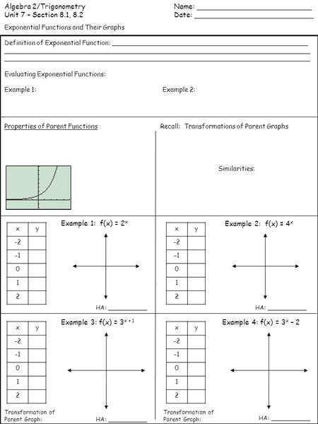 Algebra 2/TrigonometryName: __________________________ Unit 7 – Section 8.1, 8.2Date: ___________________________ Exponential Functions and Their Graphs.