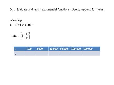 Obj: Evaluate and graph exponential functions. Use compound formulas. Warm up 1.Find the limit. x100100010,00050,000100,000150,000 y.