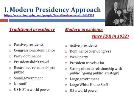 I. Modern Presidency Approach  biography