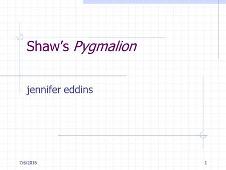 7/6/20161 Shaw’s Pygmalion jennifer eddins. 7/6/20162 Elements of Shavian plays Shavian – related to or pertaining to plays written by George Bernard.