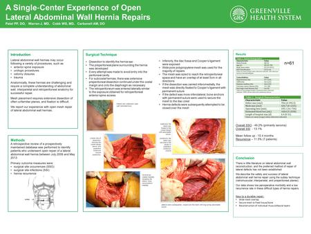 A Single ‐ Center Experience of Open Lateral Abdominal Wall Hernia Repairs Patel PP, DO, Warren J, MD, Cobb WS, MD, Carbonell AM, DO Methods A retrospective.