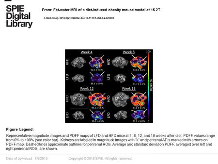 Date of download: 7/6/2016 Copyright © 2016 SPIE. All rights reserved. Representative magnitude images and PDFF maps of LFD and HFD mice at 4, 8, 12, and.