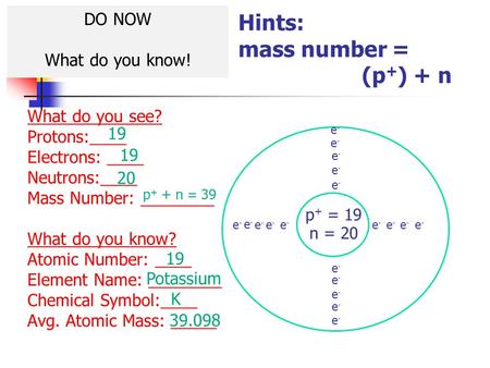 E-e- e-e- e-e- What do you see? Protons:____ Electrons: ____ Neutrons:____ Mass Number: ________ What do you know? Atomic Number: ____ Element Name: ________.