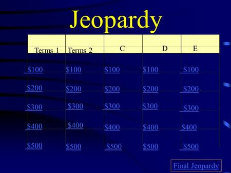 Jeopardy Terms 1 Terms 2 C D E $100 $200 $300 $400 $500 $100 $200 $300 $400 $500 Final Jeopardy.