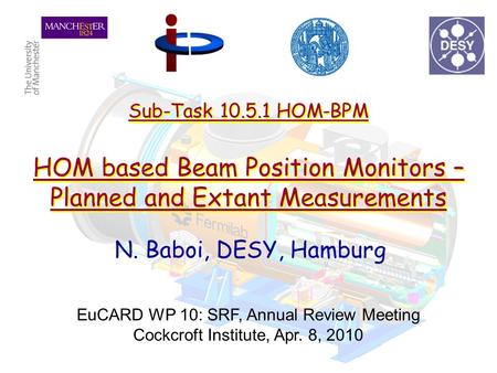 Sub-Task 10.5.1 HOM-BPM HOM based Beam Position Monitors – Planned and Extant Measurements N. Baboi, DESY, Hamburg EuCARD WP 10: SRF, Annual Review Meeting.